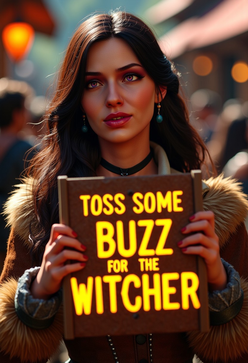 A vibrant and playful portrait of Yennefer woman with flawless skin, big expressive eyes, and long flowing hair. She’s holding a sign with the words ‘TOSS SOME BUZZ FOR THE WITCHER’ in bold, glowing letters. Her look is very natural—wearing a elegant fur and dress, covering her body. The setting is a lively medieval town, with bustling activity in the background. The image features hyper-detailed textures, soft backlighting highlighting her hair, and cinematic color grading, shot with a shallow depth of field using a Hasselblad camera and 85mm lens at f/1.2. The vibe is fun, bold, and unmistakably eye-catching.