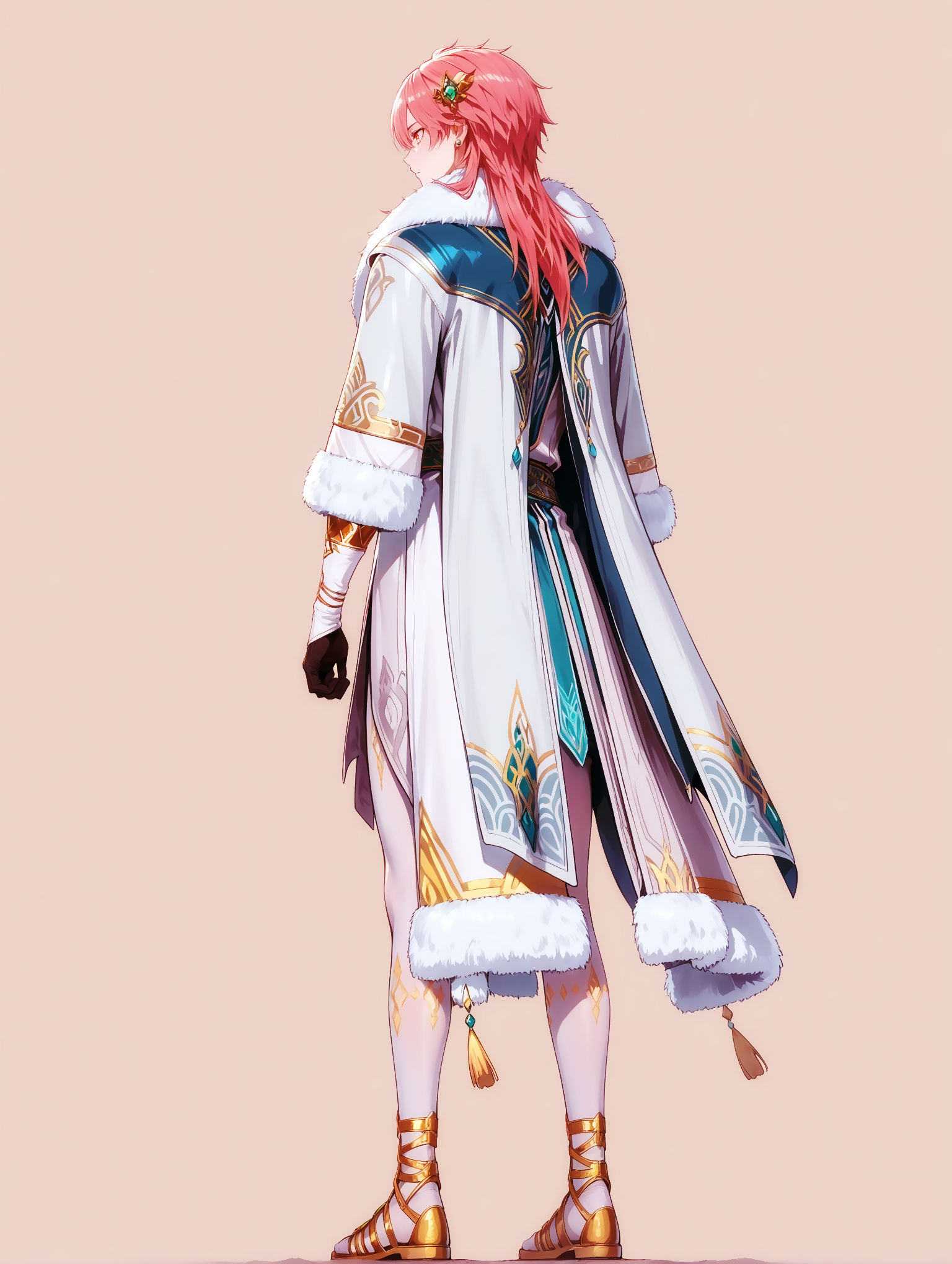 masterpiece, very aesthetic, best quality, amazing quality, solo, imtdkonghongjun, 1boy, male, standing, jewelry, pink hair, long hair, earrings, yellow eyes, hair ornament, fur trim, long sleeves, long tunic, covered legs, white pantyhose, bangs, coat, sandals, golden sandals, gloves, gem, simple background, fit body, tunic, cape, from behind
