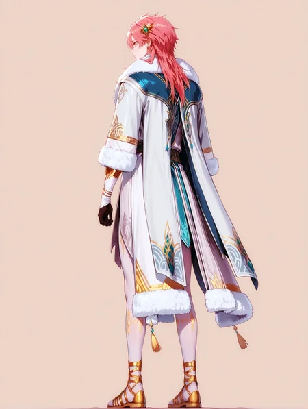 masterpiece, very aesthetic, best quality, amazing quality, solo, imtdkonghongjun, 1boy, male, standing, jewelry, pink hair, long hair, earrings, yellow eyes, hair ornament, fur trim, long sleeves, long tunic, covered legs, white pantyhose, bangs, coat, sandals, golden sandals, gloves, gem, simple background, fit body, tunic, cape, from behind
