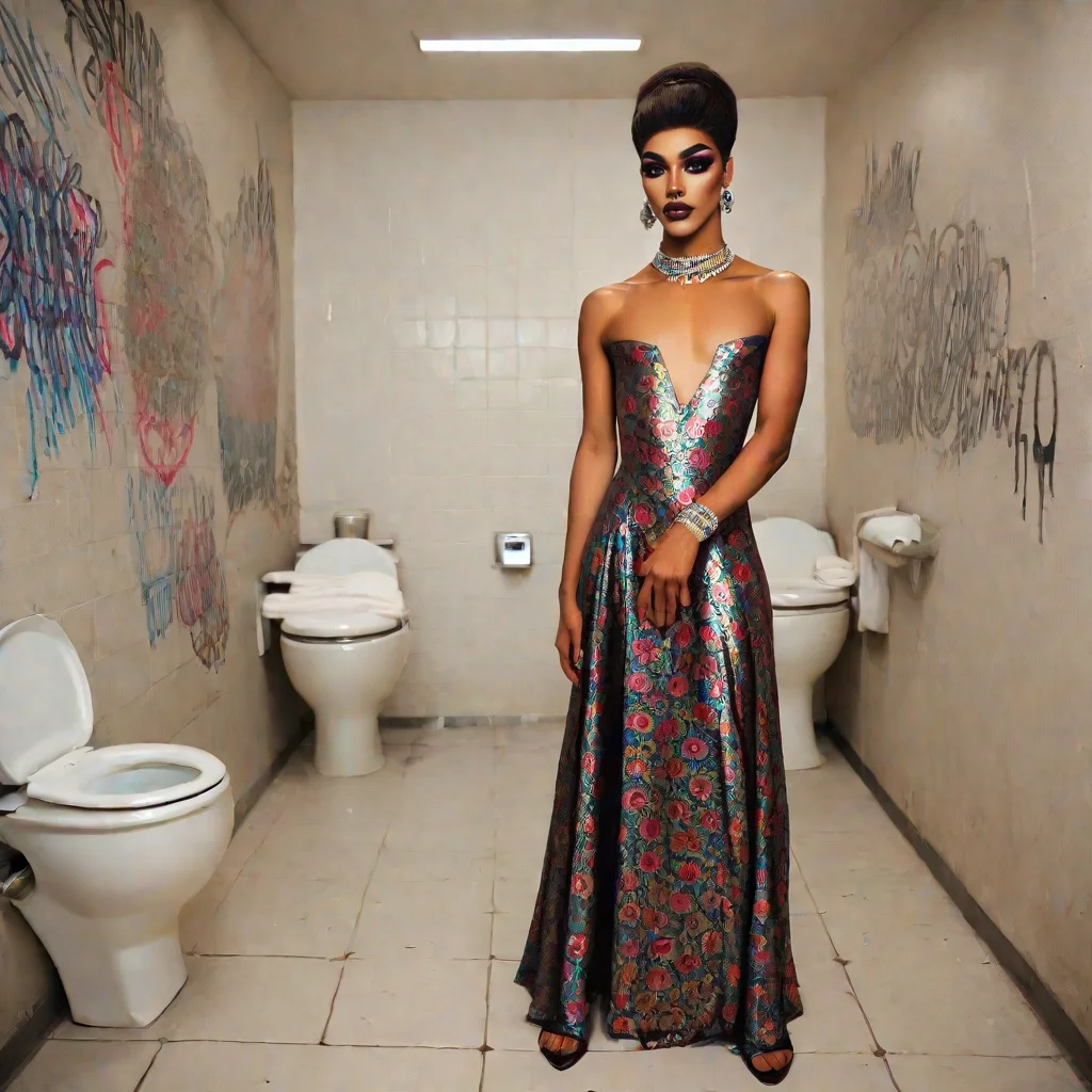 photo, realistic, hyperrealism, source filmmaker, score_9, score_8_up, score_7_up, best quality, masterpiece, source_anime, zPDXL3, BREAK,1boy, <lora:dark-skinned_drag_queen:1> 1boy, dark-skinned drag queen, dark-skinned male, jewelry, earrings, makeup, Geometric print A-line dress, flat chest, toilet stall, graffiti,, full body,