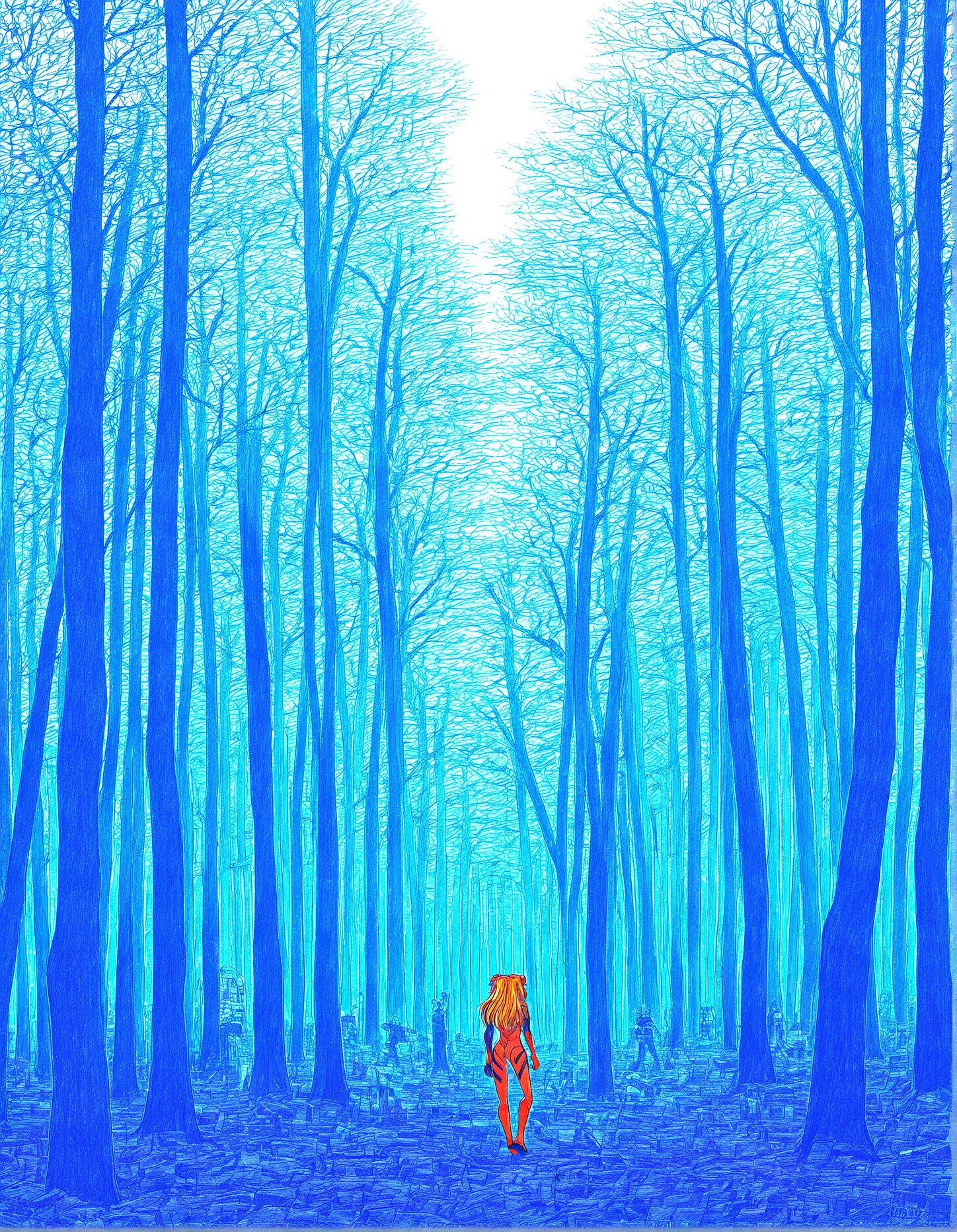 high quality, newest, hires, scenery, reduced pallete,1girl,(solo:1.2), souryuu asuka langley, evangelion \(mecha\), trees, solo focus,