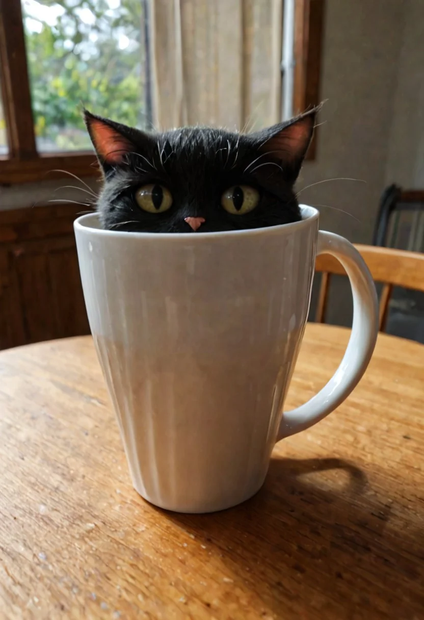 1cup, a cup of cat on top of a table, small black cat inside cup, cup shot, small cat shot,