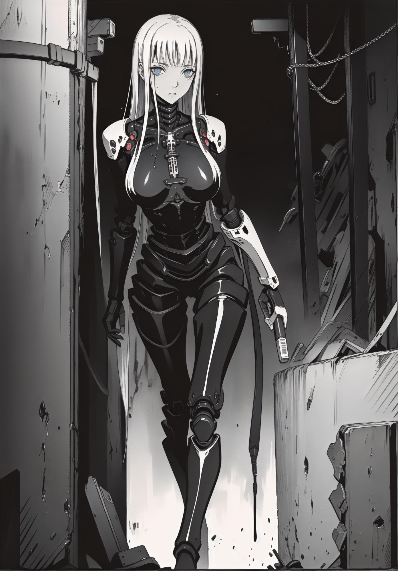 best quality,(beautiful detailed face:1.0), (detailed deep eyes),,<lora:ST anime:0.3>,, <lora:add detail:-0.2><lora:GoodHands-vanilla:1>
,1girl, style, 
, detailed_background,vast, gigantic, decrepit scenery, covered in large tubes and cables, dim light, giant-gross-organic,Expressionless
,weapon,cyborg girl, cords,medium breasts, , (safeguard),long hair,highleg,liquid,Corruption,doll, machine,oil,black_body,gothic, horror,
,,<lora:ST inikmixV5:0.4><lora:ST_hipev3:0.3> <lora:blame5:0.7>  <lora:Haze:0.3>