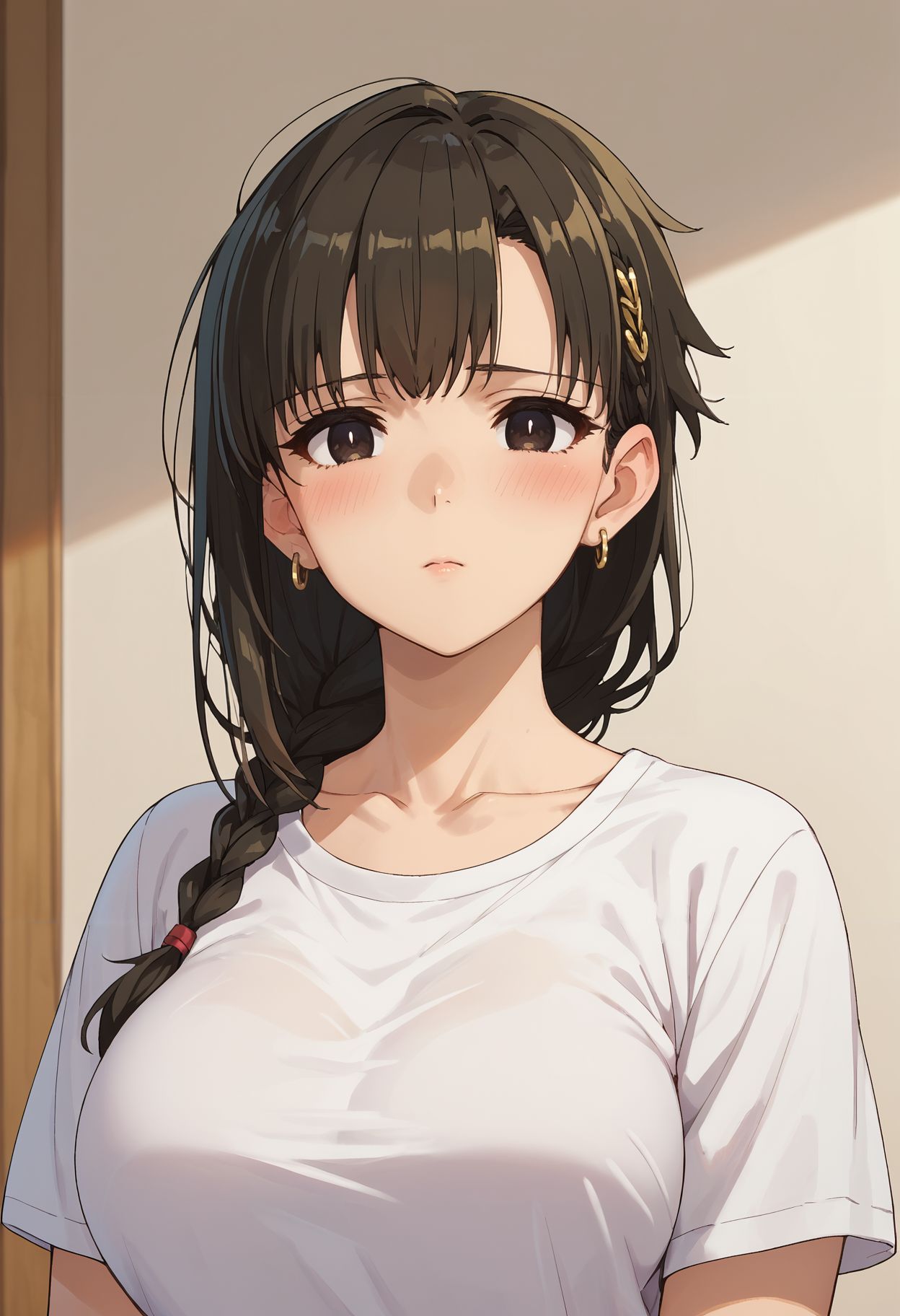 score_9,score_8_up,score_7_up, <lora:yuki_yokoya_pdxl_goofy:1>yuki yokoya, 1girl, large breasts, jewelry, upper body, earrings,looking at viewer, short sleeves, collarbone, blush, parted lips, closed mouth, t-shirt,large breasts, braids