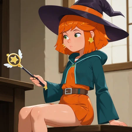 best quality, masterpeice, 1girl, LillyO, orange hair, green hair, star earring, witch hat, magic wand