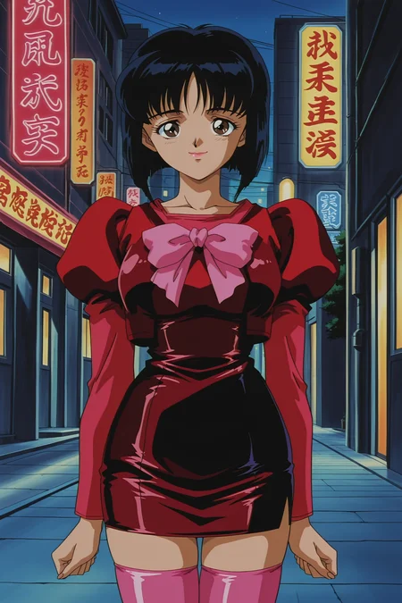 anime coloring, anime screencap, masterpiece, best quality, amazing quality,
1990s (style), retro artstyle,
<lora:All_4_DNA²_heroines_Ami_Kurimoto_Karin_Aoi_Kotomi_Takanashi_and_Tomoko_Saeki:.9>
Kotomi's skintight red outfit, Kotomi Takanashi, 1girl, solo, pink thighhighs, black hair, brown eyes, zettai ryouiki, skirt, pink bow on chest, long sleeves, pencil skirt, red skirt, cowboy shot, sexy smile, lips parted, looking at the viewer, outside at night, neon signs