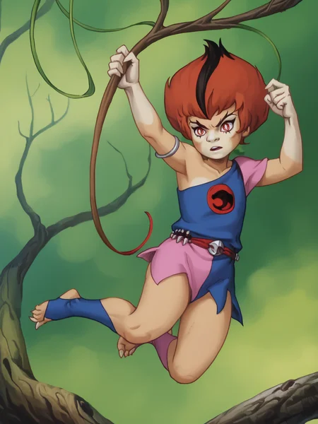 score_9, score_8_up, score_7_up, <lora:10_wilykit_pdxl_16:1> 1girl, solo, w1lyk1t, black striped red hair, red eyes, slit pupils, w1lyk1t tunic, bare shoulder, hips,w1lyk1t open toe footwear, jumping, pointed toes, trees, swinging vine, bolo