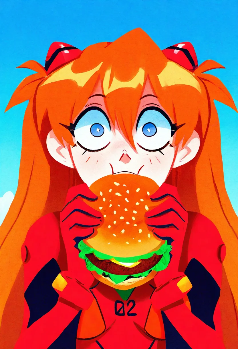 justinecunha, masterpiece, pastel, best quality, solo, asuka langley, ginger hair, red uniform, suprised, blue sky, eating burger, wide eyes,