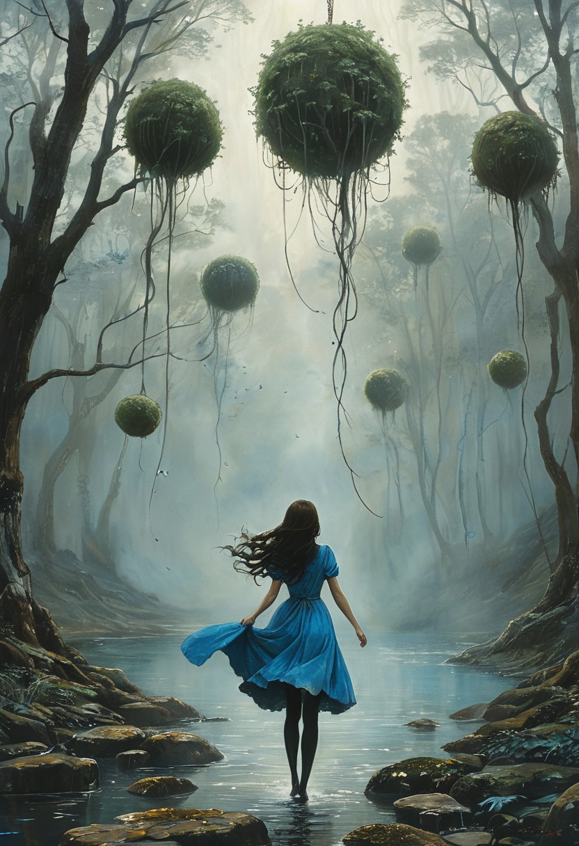 (water-colored), illustration, style of Jessica Galbreth,
(far view, far shot, rear view, facing away:1.3),
(Alice, woman walking, very long dark brown hair,  hair rim lighting, hair in the wind, blue short maid dress with short sleeves, black tights, black shoes:1.5), 
fog, dreamy, dream,
(trees, giant ball plants, big balls suspended, water:2.2)
