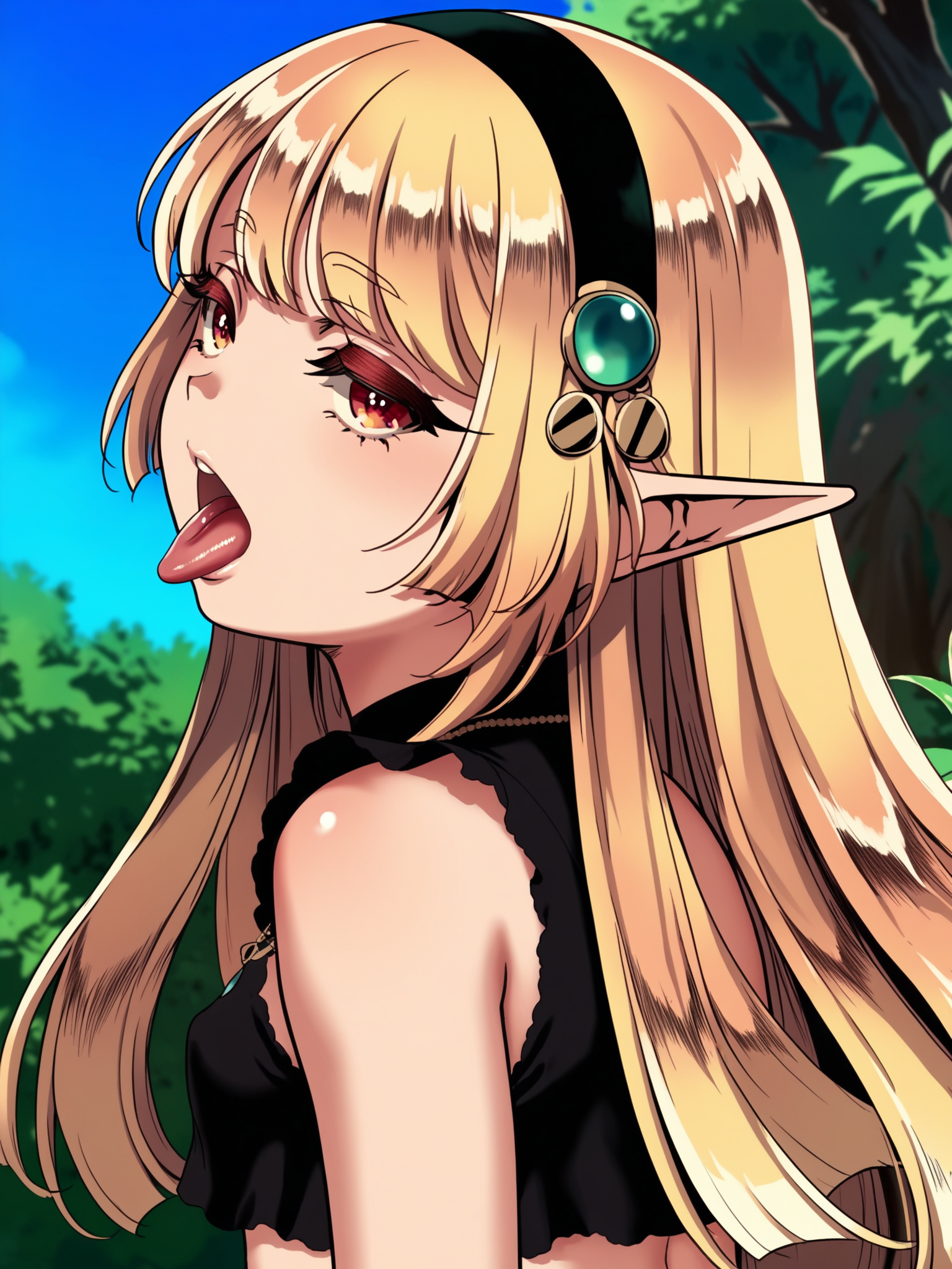 <lora:happy_tentacle-fritillaria-v0.2-000030:1>, ht_fritillaria, hairband, crop top, short shorts, outdoors , 1girl, solo, upper body , jitome , (tongue out, open mouth :1.2), , looking up , standing , from behind , score_9, score_8_up, score_7_up, score_6_up, score_5_up, score_4_up