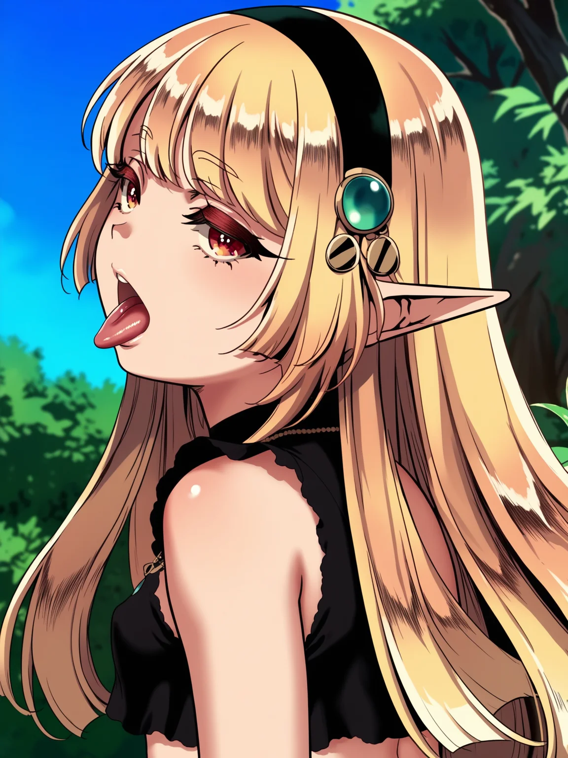 <lora:happy_tentacle-fritillaria-v0.2-000030:1>, ht_fritillaria, hairband, crop top, short shorts, outdoors , 1girl, solo, upper body , jitome , (tongue out, open mouth :1.2), , looking up , standing , from behind , score_9, score_8_up, score_7_up, score_6_up, score_5_up, score_4_up