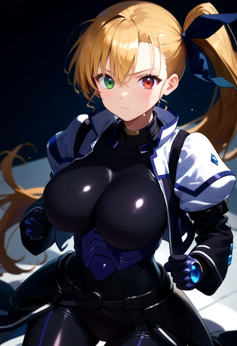 score_9, score_8_up, score_7_up, score_6_up, score_5_up, source_anime,
1girl, solo,
<lora:vivio:1> vivio, blonde hair, side ponytail,  heterochromia, green eyes, red eyes, bodysuit, aged up, jacket,hair ribbon, blue ribbon
 shiny skin, sweat, huge breasts,