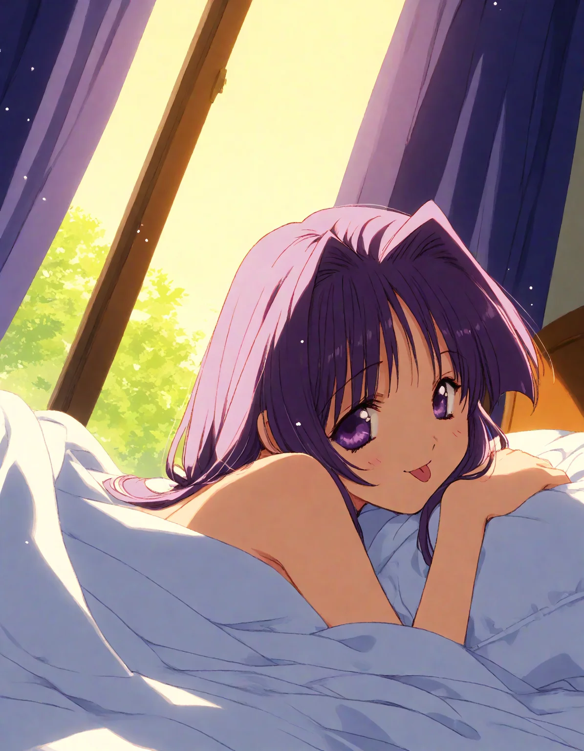 score_9, score_8_up, score_7_up, masterpiece, best quality, absurdres, official art, official style, (anime coloring, anime screencap, megami magazine, flat color:1.3), zPDXL2, zPDXLxxx,
<lora:Nanase_Aoi_Style_Pony_v1:1.0>, 1girl, solo focus, Nanase_Aoi_Style, (early_nanase:1.3)
bedroom, on bed, bed sheet, dim lighting, light particles, (from behind:1.3), looking at viewer, dutch angle, 
, pov, curtains, naughty face, under covers, bed, hand rest, tongue out, indoors, purple eyes, arm support, blanket, tongue, lying, purple theme, looking back, ceiling fan, :p, purple hair