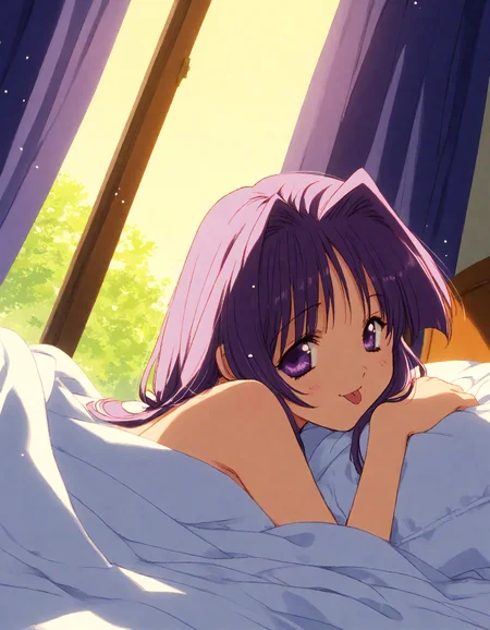 score_9, score_8_up, score_7_up, masterpiece, best quality, absurdres, official art, official style, (anime coloring, anime screencap, megami magazine, flat color:1.3), zPDXL2, zPDXLxxx,
<lora:Nanase_Aoi_Style_Pony_v1:1.0>, 1girl, solo focus, Nanase_Aoi_Style, (early_nanase:1.3)
bedroom, on bed, bed sheet, dim lighting, light particles, (from behind:1.3), looking at viewer, dutch angle,
, pov, curtains, naughty face, under covers, bed, hand rest, tongue out, indoors, purple eyes, arm support, blanket, tongue, lying, purple theme, looking back, ceiling fan, :p, purple hair