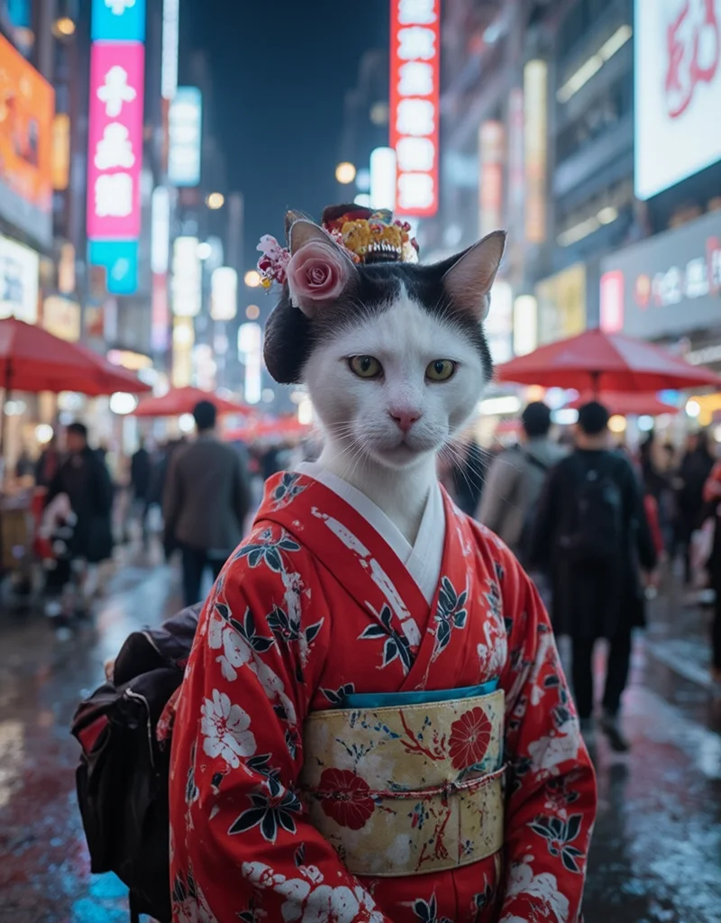 <lora:citybkgv2:1> citybkg, cyberpunk, photo of a cute cat geisha with a detailedf nice japanese outfit in a crowded futuristic city, portrait, wet ground, neon umbrellas,