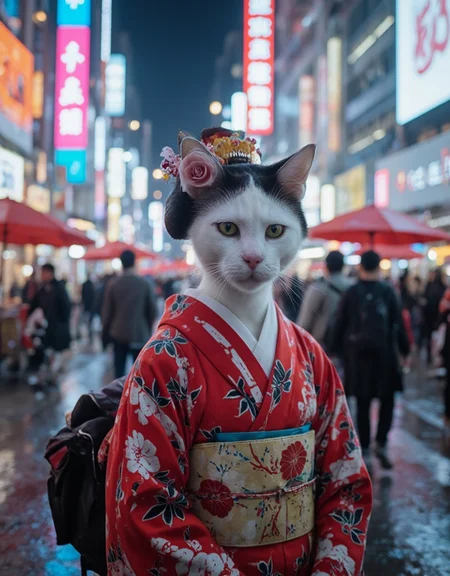<lora:citybkgv2:1> citybkg, cyberpunk, photo of a cute cat geisha with a detailedf nice japanese outfit in a crowded futuristic city, portrait, wet ground, neon umbrellas,