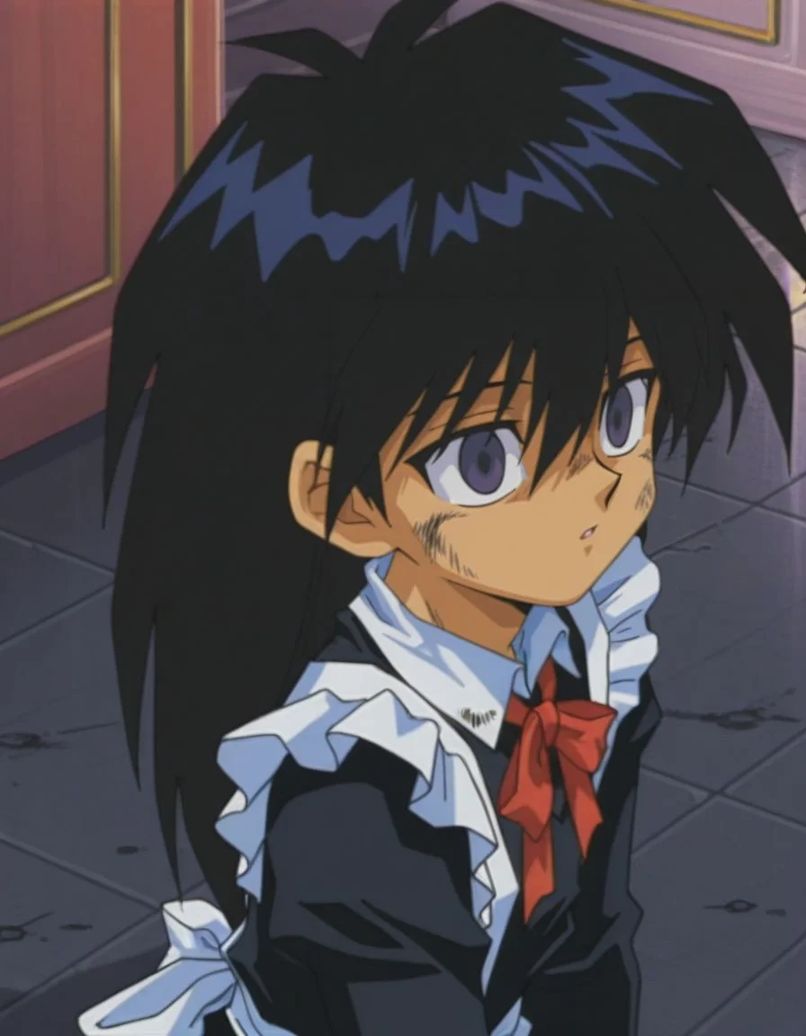 masterpiece, best quality, male focus, face focus, looking ahead, bedroom, (maid:1.2), solo,dirty, on ground,
<lora:Mind_Controlled_Mokuba_1:0.9>, m0ku, 1boy, black hair, long hair, purple eyes, retro artsyle, 1990s (style), hair between eyes, male child, empty eyes,