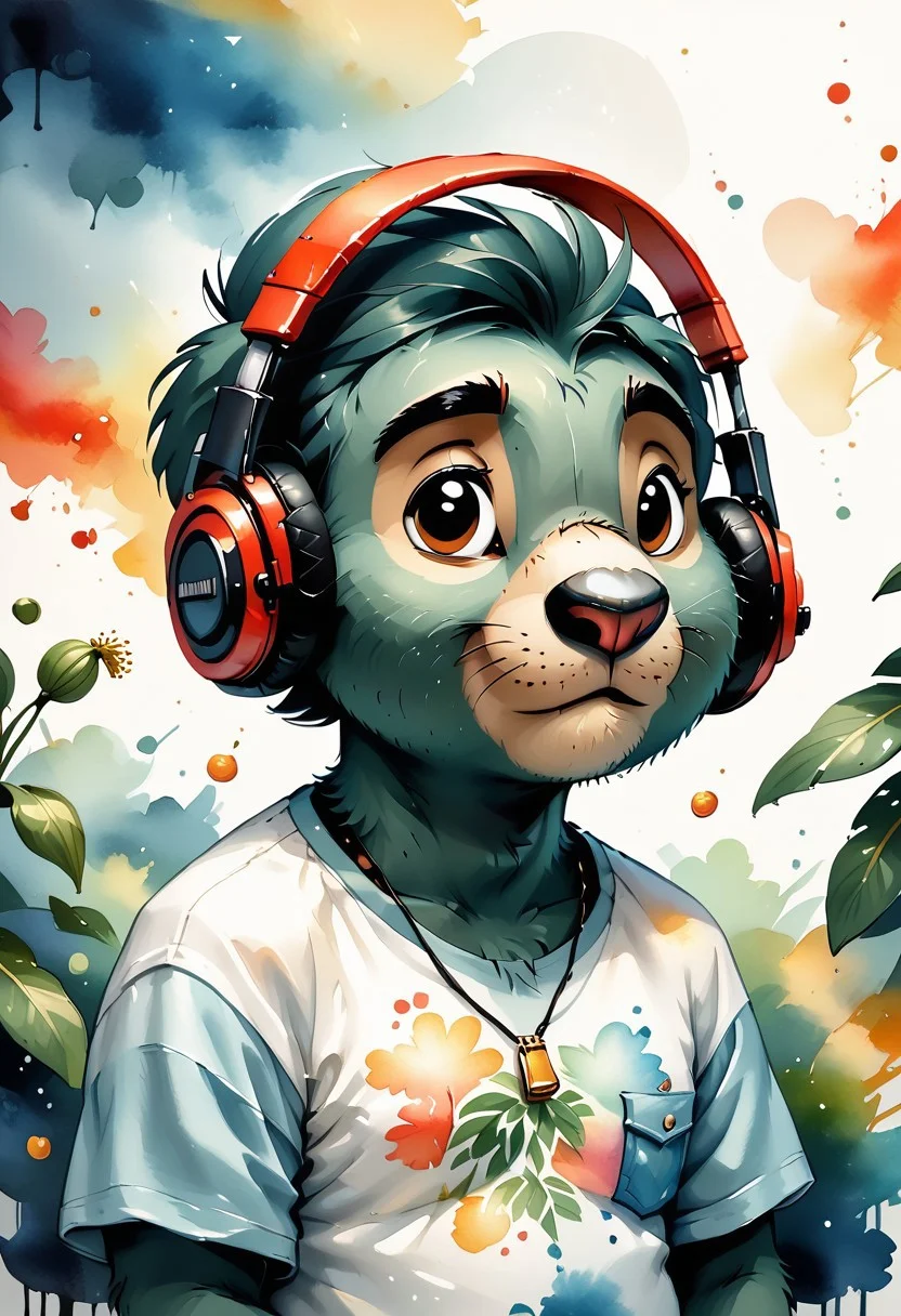score_9, score_8_up, score_7_up, score_6_up, score_5_up, score_4_up,watercolor, watercolor art, Koala, eucalyptus stage, chill beats, headphones, relaxed vibes