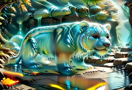 animal_guardian, tiger, a white tiger with black stripes, Tiger made out of slime, slime tiger in a jungle, jungle made out of slime,
natural light, no bright spots,
((translucent slime)), ((transparent slime)), made of water, (bioluminescent slime), sl1m3, slime, slime-morph, ais-blmn, saturated colors, no creatures, no humans, no monsters, no pokemon, scenery only, scenery, ral-lava, watce