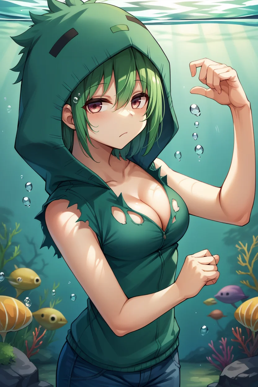 score_9, score_8_up, score_7_up, score_6_up, source_anime, BREAK 1girl <lora:mczombie-pdxl-nvwls-v1-000005:1> zombi3, green hoodie, torn clothes, sleeveless, jeans, underwater, looking at you, bored, medium breasts, cleavage