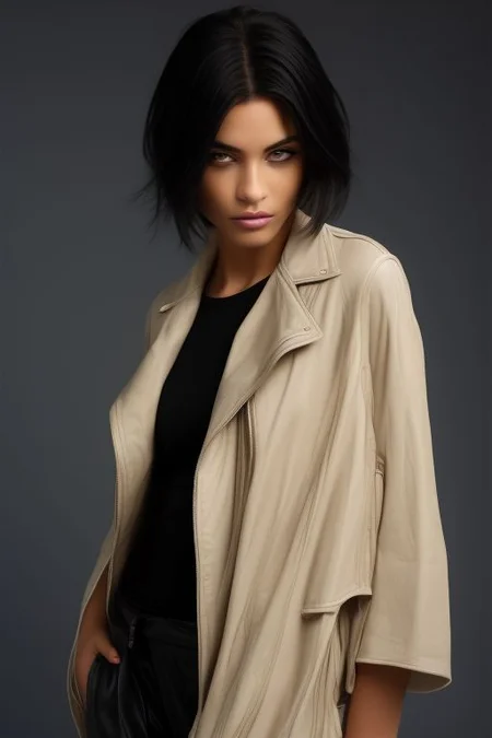 masterpiece, best quality, ultra detailed, bellissima, 1girl, solo, cowboy shot, she is wearing with a black t-shirt , black pants with a white coat. Armani style, very short hair, black hair