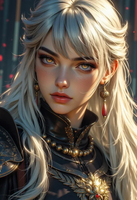 closeup side portrait of korean woman wearing fantasy leather and bronze plate armour, long bleached hair, bangs