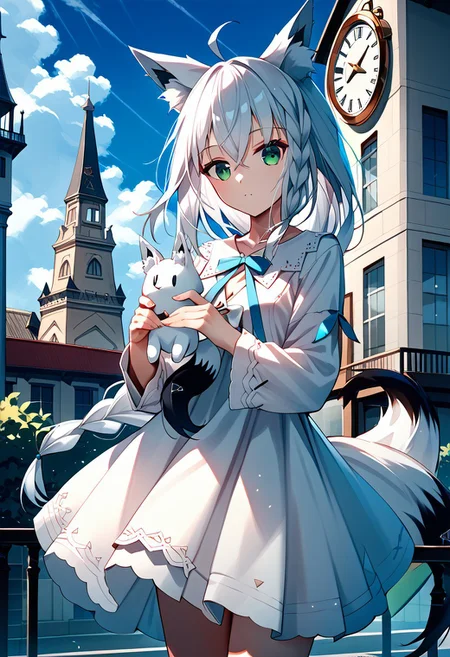 score_9,score_8_up,score_7_up,source_anime, SHIRAKAMI_FUBUKI,1girl,solo,long hair,looking at viewer,bangs,long sleeves,dress,holding,animal ears,hair between eyes,green eyes,standing,tail,braid,ahoge,white hair,sidelocks,outdoors,sky,cloud,virtual youtuber,white dress,animal ear fluff,fox ears,single braid,floating hair,fox tail,cloudy sky,fox girl,clock,tower,pentagram,clock tower,