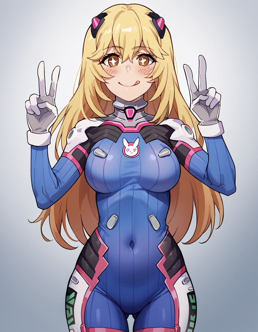 score_9, score_8_up, score_7_up, source_anime, <lora:misaki-shokuhou-s3-ponyxl-lora-nochekaiser:1>, misaki shokuhou, blonde hair, hair between eyes, long hair, symbol-shaped pupils, yellow eyes, large breasts, <lora:overwatch-dva-cosplay-ponyxl-lora-nochekaiser:1>, overwatch dva cosplay, d.va (overwatch) (cosplay), bodysuit, cosplay, covered navel, skin tight, vertical-striped bodysuit, streets, smile, blush, v, v over eye, tongue out, cowboy shot, looking at viewer