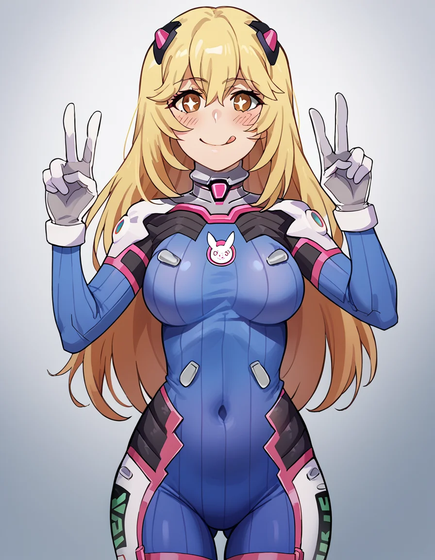 score_9, score_8_up, score_7_up, source_anime, <lora:misaki-shokuhou-s3-ponyxl-lora-nochekaiser:1>, misaki shokuhou, blonde hair, hair between eyes, long hair, symbol-shaped pupils, yellow eyes, large breasts, <lora:overwatch-dva-cosplay-ponyxl-lora-nochekaiser:1>, overwatch dva cosplay, d.va (overwatch) (cosplay), bodysuit, cosplay, covered navel, skin tight, vertical-striped bodysuit, streets, smile, blush, v, v over eye, tongue out, cowboy shot, looking at viewer