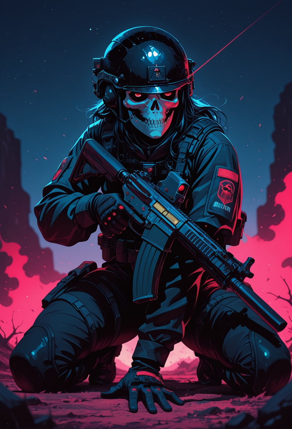 <lora:ck-nc-cyberpunk-IL-000011:0.3>,  masterpiece, best quality, good quality, very aesthetic, absurdres, newest, 8K, depth of field, focused subject, epic, 1girl, woman, glowing red eyes, skull mask, wearing black military helmet, gloves, holding an AR15 assault rifle, low ready position, trigger discipline, fighting stance, nightstalker, outdoors, clear night sky, red and black color palette, dynamic angle of attack, in the style of cknc, in the style of ck-rw
<lora:MoriiMee_Gothic_Niji_Style_Illustrious_r1:0.5>
<lora:ck-neon-retrowave-IL:0.4>
<lora:ck-shadow-circuit-IL:0.7>