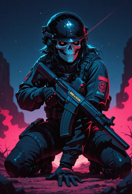 <lora:ck-nc-cyberpunk-IL-000011:0.3>,  masterpiece, best quality, good quality, very aesthetic, absurdres, newest, 8K, depth of field, focused subject, epic, 1girl, woman, glowing red eyes, skull mask, wearing black military helmet, gloves, holding an AR15 assault rifle, low ready position, trigger discipline, fighting stance, nightstalker, outdoors, clear night sky, red and black color palette, dynamic angle of attack, in the style of cknc, in the style of ck-rw
<lora:MoriiMee_Gothic_Niji_Style_Illustrious_r1:0.5>
<lora:ck-neon-retrowave-IL:0.4>
<lora:ck-shadow-circuit-IL:0.7>