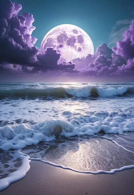 Full moon, blue fluorescent beach waves crashing with foamy white caps, dreamy atmosphere, clouds, ethereal glow, surreal, cinematic lighting, realistic surrealism, atmospheric, golden, gray, purple hues