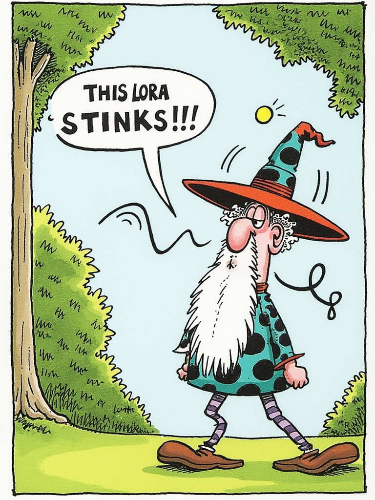 d0nm4rt1n. Whimsical cartoon illustration in the style of Don Martin comics. Angry Wizard Whitebeard standing in the park with an annoyed look on his face, with squiggly stink-lines coming from his body. Wearing a wide-brimmed hat and he has a long white beard. Speech bubble say "THIS LoRA STINKS!!!"

