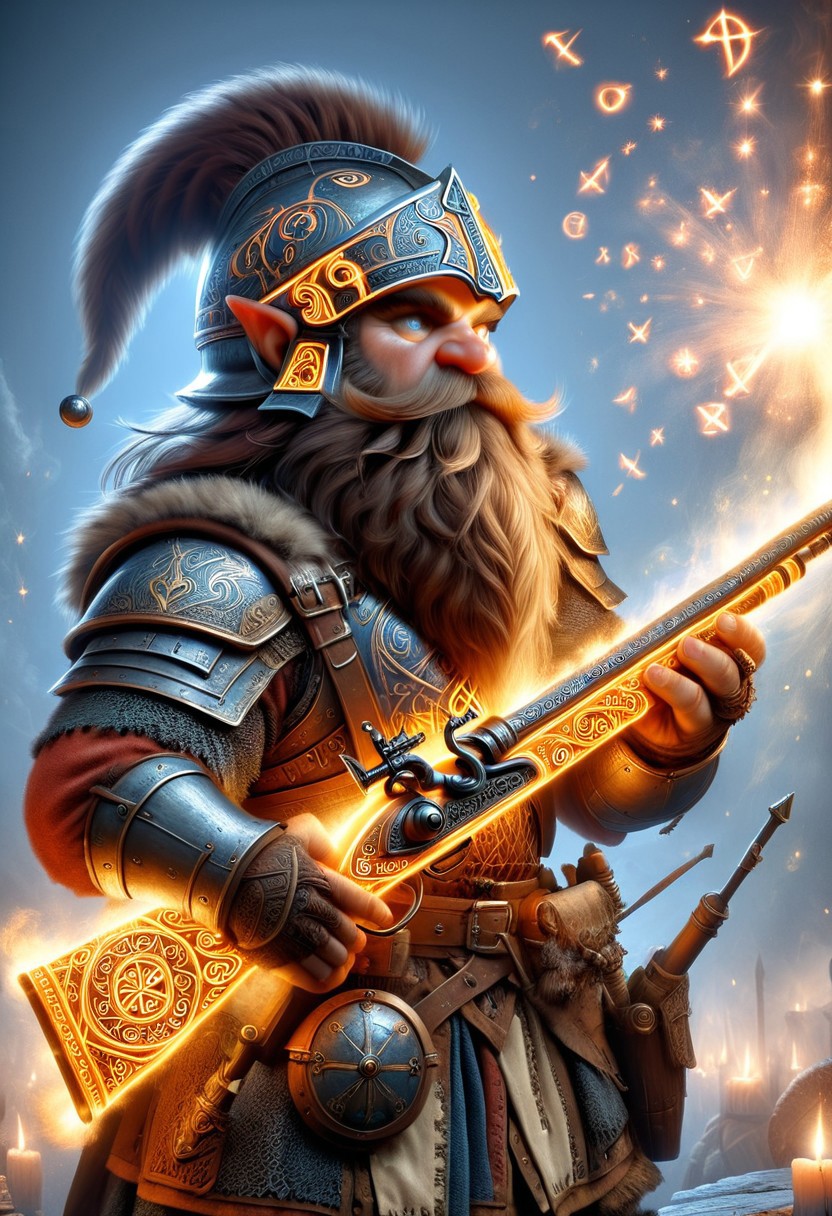 dwowarf, a dwarf in armor with a helmet and magic musket,  firing a rifle engraved with runes