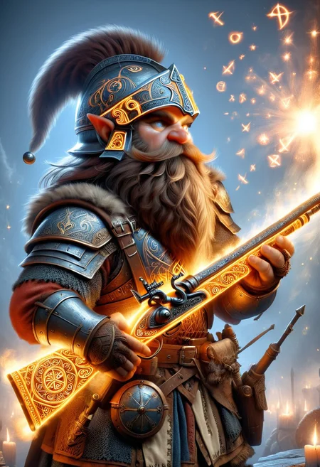dwowarf, a dwarf in armor with a helmet and magic musket,  firing a rifle engraved with runes