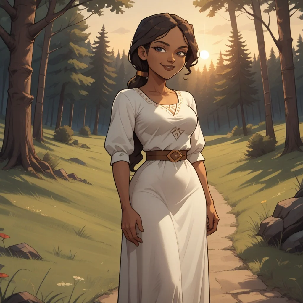 score_9, score_8, BREAK, solo, brown hair, ponytail, black eyes, brown lips, white dress, brown sandals, breasts, total drama, Priyas_mother_(Total_Drama), dark skin, dark skin female, sexy pose, self portrait, smile, looking at viewer, outdoors, sunlight, shadows, evening lighting, natural lighting, forest, trees, grass, orange sky, sunset