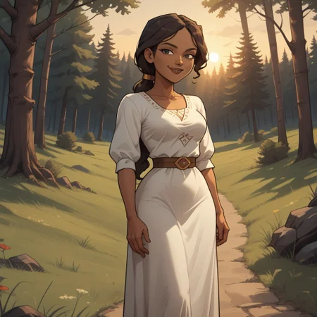 score_9, score_8, BREAK, solo, brown hair, ponytail, black eyes, brown lips, white dress, brown sandals, breasts, total drama, Priyas_mother_(Total_Drama), dark skin, dark skin female, sexy pose, self portrait, smile, looking at viewer, outdoors, sunlight, shadows, evening lighting, natural lighting, forest, trees, grass, orange sky, sunset