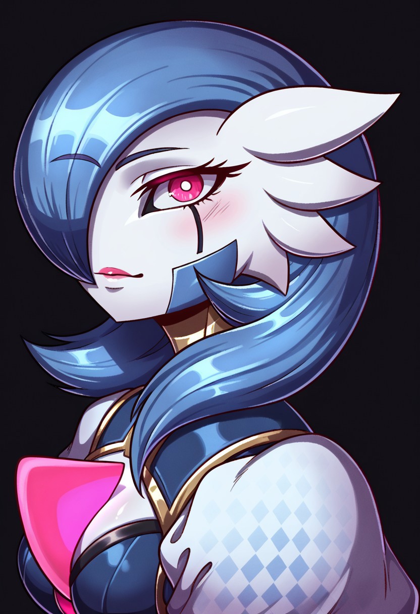 (((gardevoir))), female, anthro, porcelain white skin,score_9,score_8_up,score_7_up,score_6_up,dark background,d0llf4ce,close-up,portrait,from side,looking at viewer,1girl,solo,robot, Gardevoir, joints,android,metal skin,mechanical legs,argyle pants,puffy sleeves,blue skin,pale white skin,pink ribbon,black sclera,medium breasts,pink eyes,humanoid robot,corset,blue hair,<lora:MyTrainings\Temp\Apex\Ash_Dollface_Pony_ARZUMATA.safetensors:0.6>
