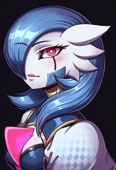 (((gardevoir))), female, anthro, porcelain white skin,score_9,score_8_up,score_7_up,score_6_up,dark background,d0llf4ce,close-up,portrait,from side,looking at viewer,1girl,solo,robot, Gardevoir, joints,android,metal skin,mechanical legs,argyle pants,puffy sleeves,blue skin,pale white skin,pink ribbon,black sclera,medium breasts,pink eyes,humanoid robot,corset,blue hair,<lora:MyTrainings\Temp\Apex\Ash_Dollface_Pony_ARZUMATA.safetensors:0.6>