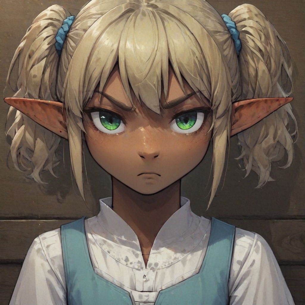 ASCIILapanya, 1 person, 3/4 angle, solo, pointy ears, ((snout nose)), flat chest, stocky stature, bangs, ((dark tan skin)):1.2, blonde hair, twintail hair, wavy hair, green irises, white tunic, blue vest, white skirt, knee-length spats, standing, ((stern expression, cracking knuckles)), small nostrils, ((3 fingers 1 thumb)), tavern background, fully clothed, clean lines, close up, upper body focus, highly detailed face, high quality, best quality, masterpiece quality, snapshot, rating: safe
