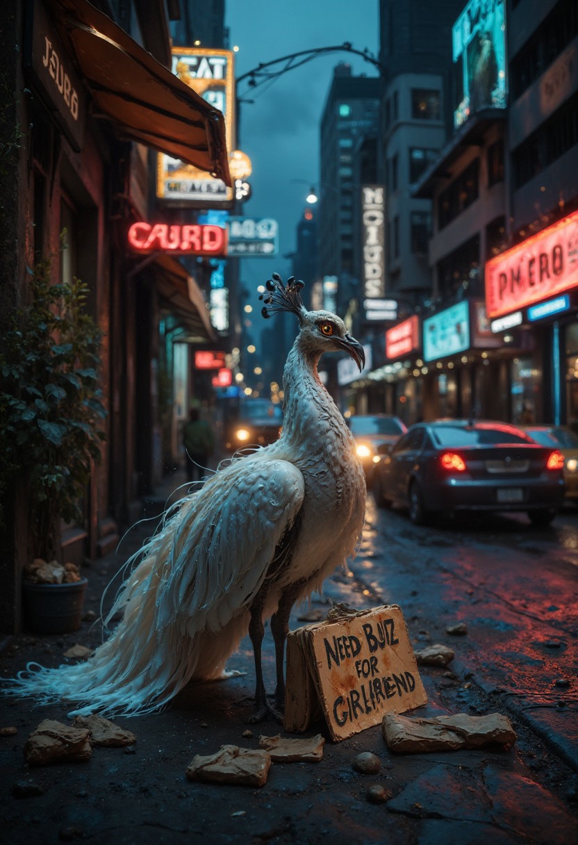 A lone white peacock stands on a busy city sidewalk at dusk, its proud posture contrasting with its slightly disheveled appearance. The white peacock's once-brilliant feathers are slightly ruffled and tangled, bearing traces of the city's grime. Its eyes, usually bright and alert, are now tired and pleading. The white peacock's feet rest on cracked concrete, surrounded by discarded cigarette butts and crumpled fast food wrappers. In its beak, the white peacock clutches a piece of weathered cardboard, its edges frayed and softened from use. Scrawled across the sign in jagged, small letters are the words "Need Buzz for Girlfriend." The words "Need Buzz for Girlfriend" are clearly visible on the cardboard, all of the letters legible. The rough text is a mix of blue and red wax, smeared where raindrops have fallen, yet the text “Need Buzz for Girlfriend” is legible. The street around the white peacock comes alive as night approaches. Neon signs flicker, casting an eerie glow that reflects off the white peacock’s feathers. The headlights of passing cars cast long shadows that stretch across the sidewalk, momentarily engulfing the unfortunate bird. The hyper-realistic style captures every detail with stunning clarity: each individual feather, the texture of the pavement, the grain of the cardboard, and the waxy sheen of the pencil writing. The image is sharp and focused from foreground to background, creating a sense of depth and immersion in the cityscape.