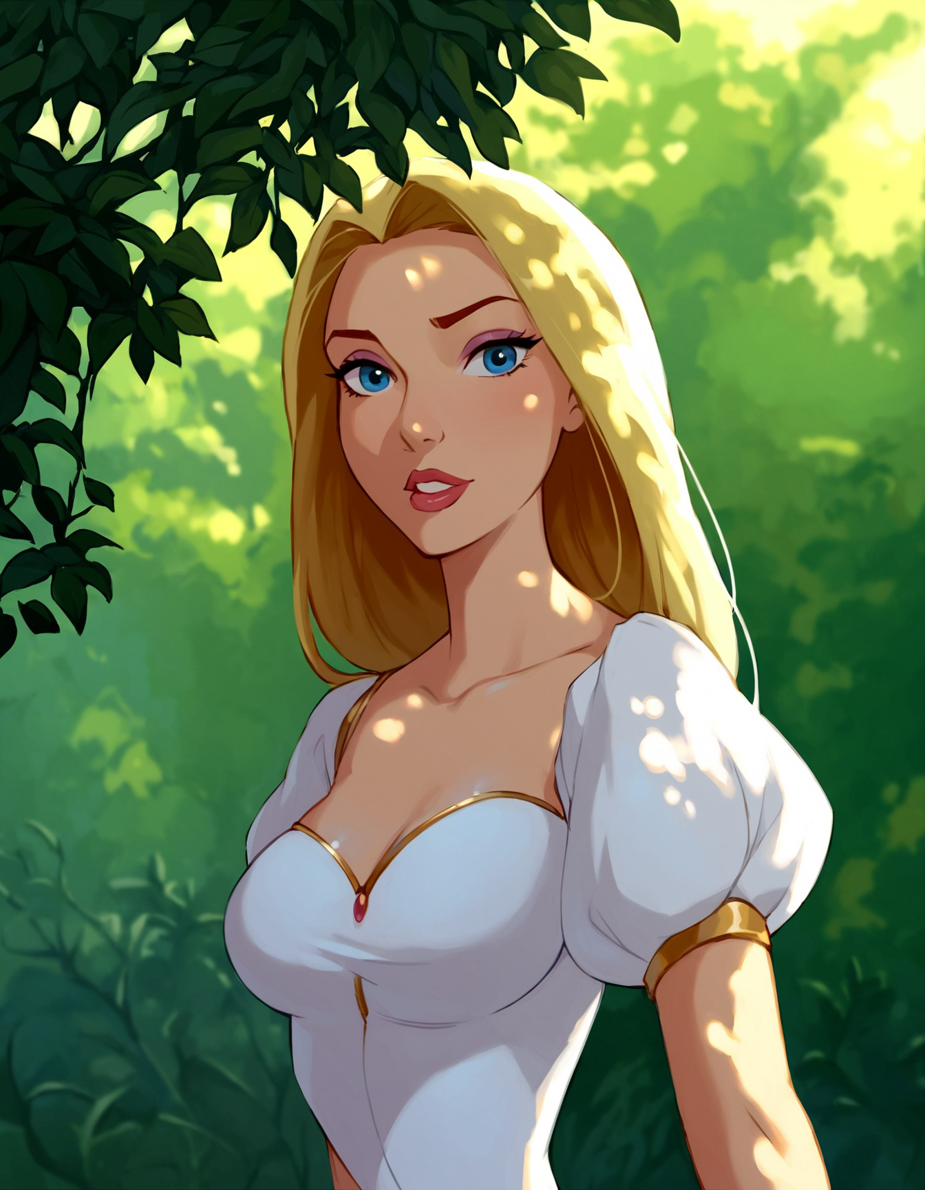 score_9, score_8_up, score_7_up, score_6_up, disney animation, 
scenery, (dappled sunlight:1.2), rim light, backlit, dramatic shadow, 1girl, long blonde hair, blue eyes, shiny eyes, parted lips, medium breasts, puffy sleeve white dress, forest, flowers, looking at viewer, leaning side against tree, vines, green, arms, upper body, close-up, dutch angle, shiny skin, BREAK, dramatic shadow, depth of field, vignetting,
<lora:Disney_Animation_Pony_v1:1> ,