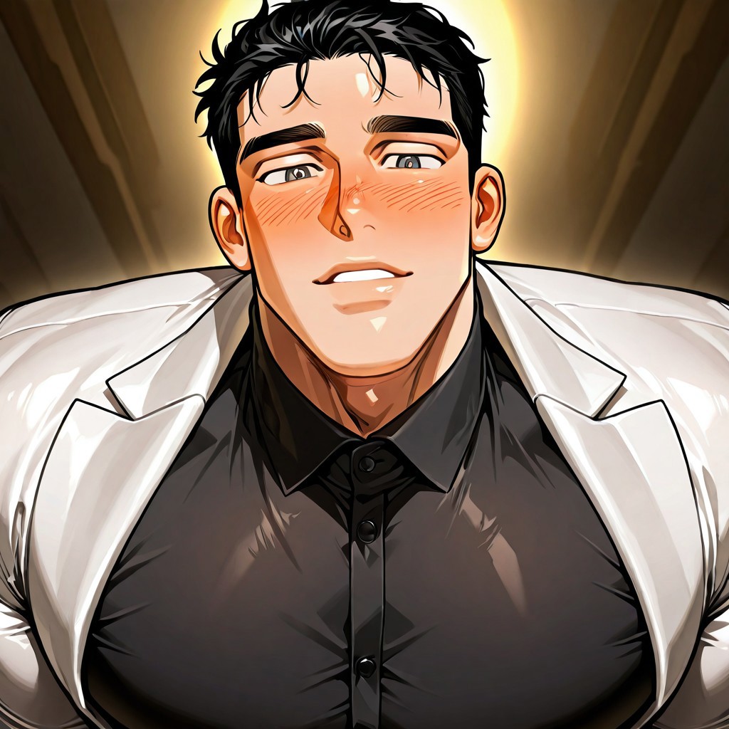 1boy, male focus, ((((muscular male)))), black hair, solo, short hair, looking at viewer, blush, shirt, portrait, black eyes, grey eyes, Seol Beom, looking at partner, big pupils, big irises,, seductive, seductive gaze, ((intense gaze)), standing, (((((bedroom_eyes))))), bara, hazy eyes, misty eyed, face focus, looking at viewer, wedding, ((white tuxedo, black button up shirt)), close up, volumetric lighting,
