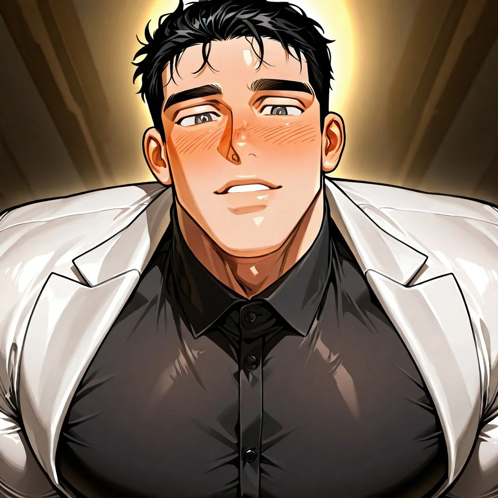 1boy, male focus, ((((muscular male)))), black hair, solo, short hair, looking at viewer, blush, shirt, portrait, black eyes, grey eyes, Seol Beom, looking at partner, big pupils, big irises,, seductive, seductive gaze, ((intense gaze)), standing, (((((bedroom_eyes))))), bara, hazy eyes, misty eyed, face focus, looking at viewer, wedding, ((white tuxedo, black button up shirt)), close up, volumetric lighting,