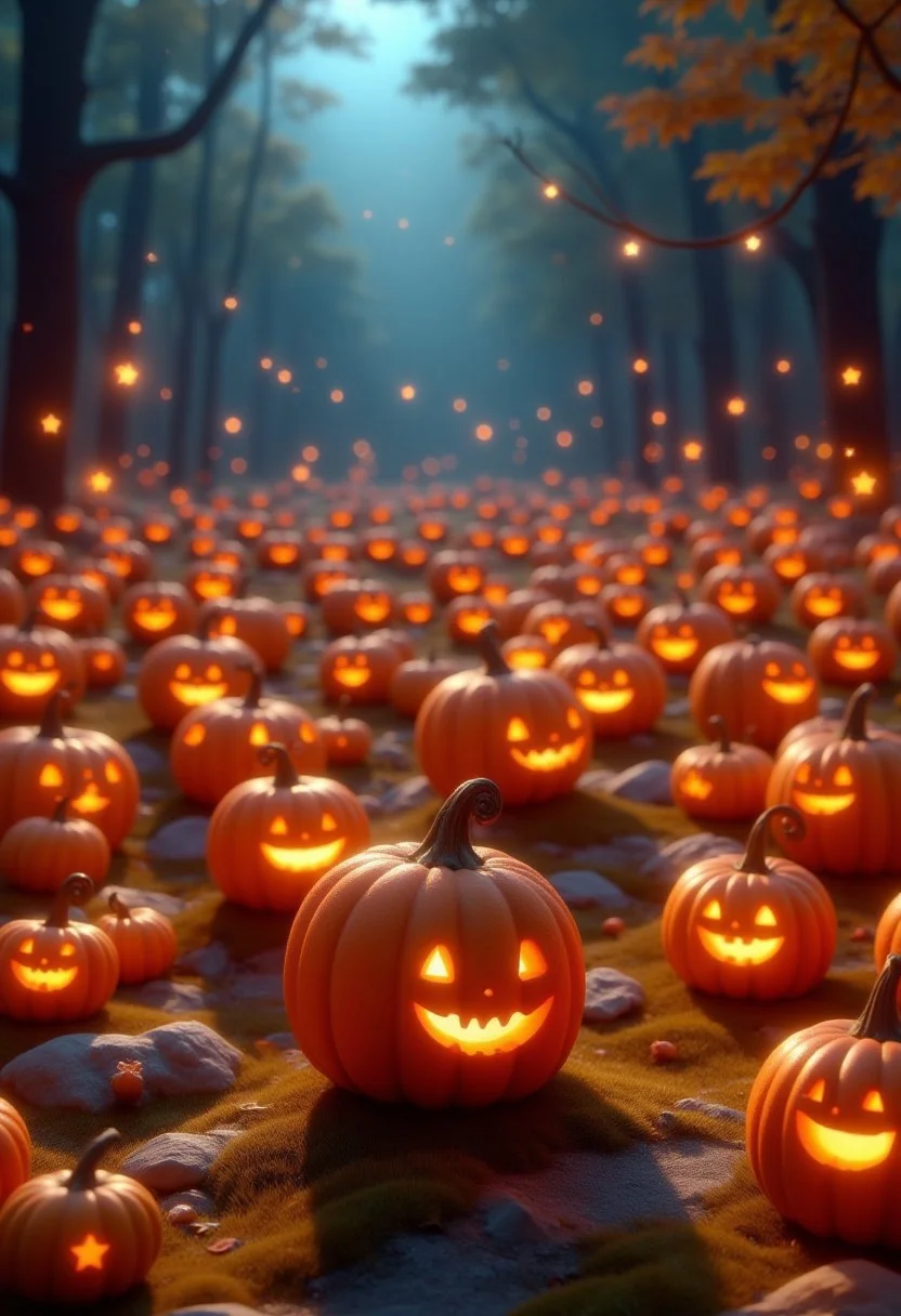 A cute, magical pumpkin patch where tiny, round pumpkins have little smiling faces and legs. Some are glowing softly, while others have cute ghostly figures floating around them. The setting is a slightly eerie yet charming autumn evening, with soft fog and distant stars peeking through the trees.