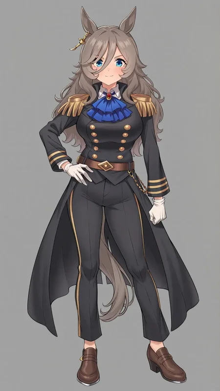 <lora:perry_steam_umamusume:0.8>,perry steam \(umamusume\),animal ears,blue eyes,hair between eyes,grey hair,hair ornament,horse ears,horse girl,horse tail,long hair,necktie,pants,tail,tailcoat,white gloves,black footwear,black pants,buttons,cape,epaulettes,gloves,