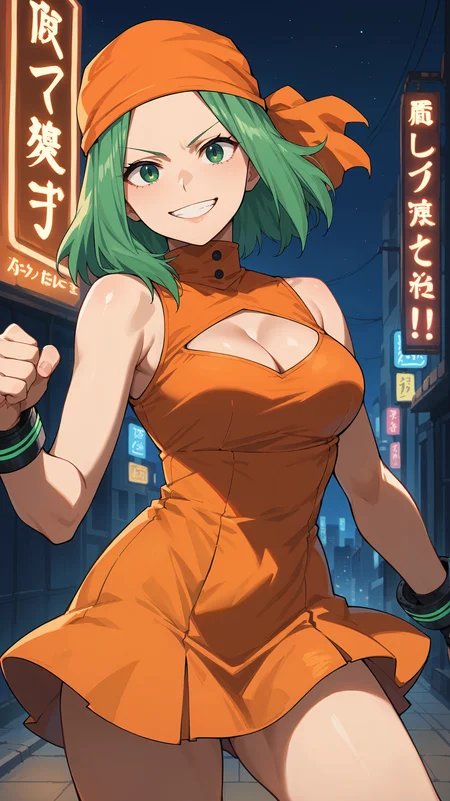 score_9,score_8_up,score_7_up,score_6_up, <lora:xl_more_art-full_v1:0.5>, source_anime, woman, dynamic pose, playing with her hair, <lora:Emi Fukukado (Ms.Joke) - Pony_2-000004:0.8>, medium hair, green hair, green eyes, orange bandana, orange dress, short dress, neon lights, city, night, darkness, night time, light smile, solo, cleavage cutout,