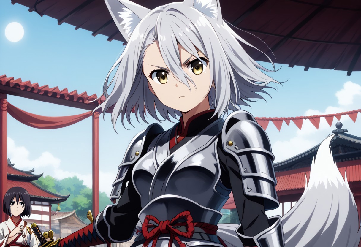 1 girl, solo focus, silver fox ears, silver fox tail, , Score_9, Score_8_up, Score_7_up, fine details, small face, medium breasts (size B), short straight hair bob hair!, shoulder-length hair,  silver hair (moon silver), big eyes, bright golden eyes (sun gold), straight hair, infinitely cute, pretty, asymmetrical bangs between eyes, loose hair, loose hair over sides of head, hair covering sides of head, masterpiece, anime source, bold colors, soft facial features, petite, cute, very petite and slim, short stature, small body, young,  silver fox ears, silver fox tail
Samurai armor, ancient Japanese village, serious facial expression, holding katana, fighting pose, epic pose