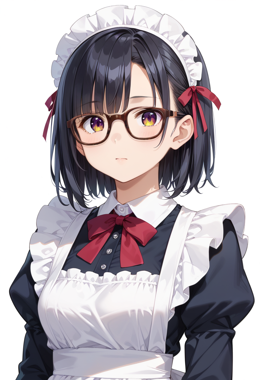 score_9, score_8_up, score_7_up, rating_safe, masterpiece, best quality, absurdres, unity 8k wallpaper, official art, official style, source_anime, uncensored, game cg, megami magazine,
1girl, solo, black hair, medium hair, upper body, covered eyes,maid, maid headdress, black dress, maid apron, face focus,
Wellington22A, glasses, white background, simple background, brown-framed eyewear
 <lora:glasses_Wellington22A1_PONY_V1:1>