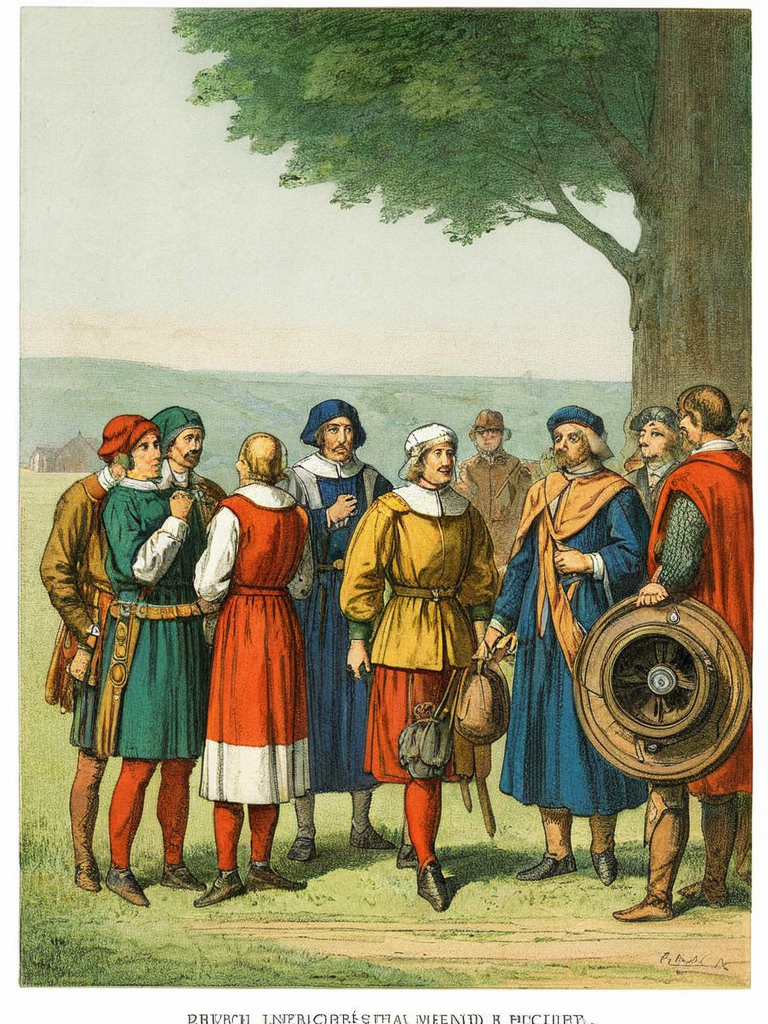vintageillustration, bunch of medieval peasants inspecting a landed helicopter, 8k, very detailed, UHD, extreme details, medieval, helicopter, absurdres